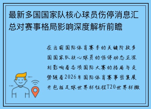最新多国国家队核心球员伤停消息汇总对赛事格局影响深度解析前瞻